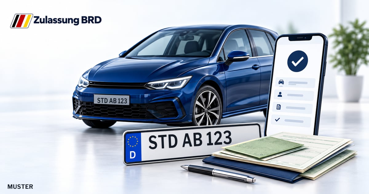 Online Fahrzeugzulassung in Landkreis Stade: Musterkennzeichen STD AB 123, Auto und Fahrzeugpapiere und Smartphone. Illustration mit Logo von Zulassung BRD.